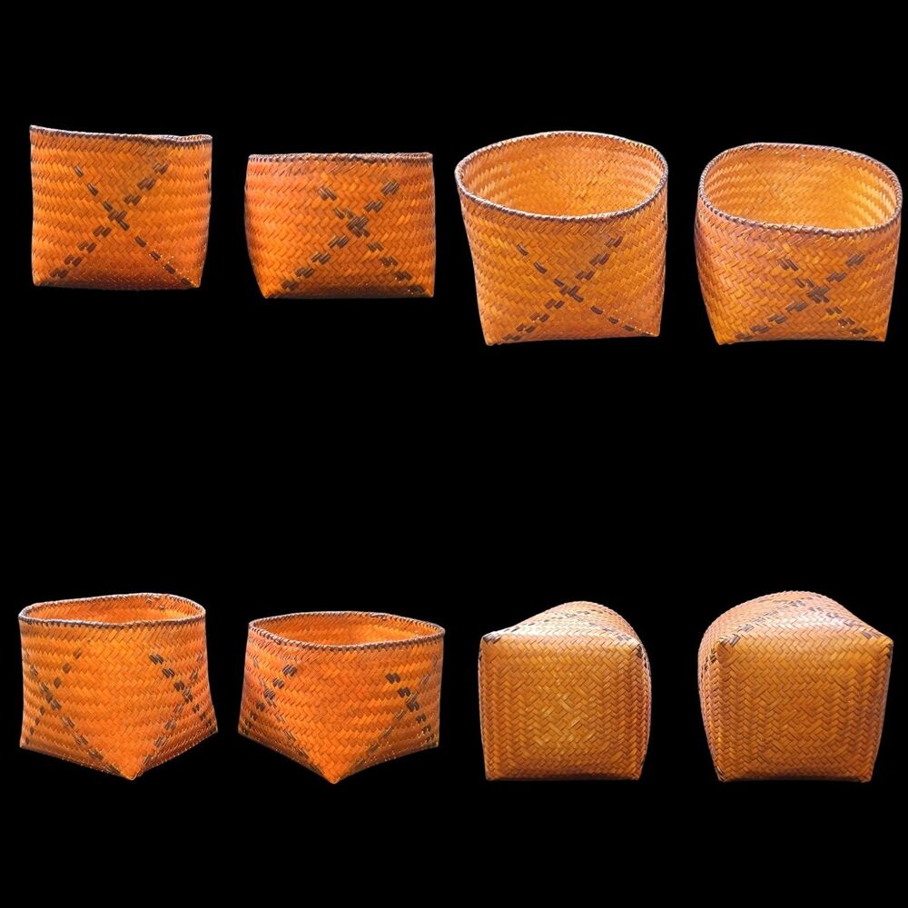 2pc Lot Vintage Hand woven Chevron Bamboo Baskets Rattan Bowls Primitive Cottage